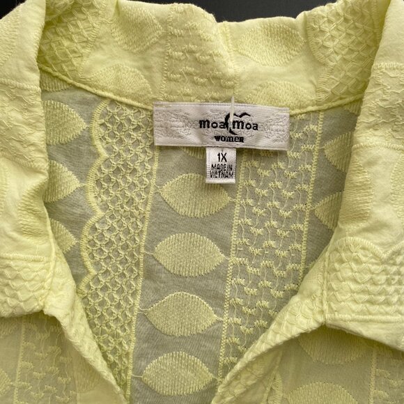 Moa Moa Button Front Textured Blouse 1X Yellow Short Sleeve 100% Cotton Top - Picture 2 of 6